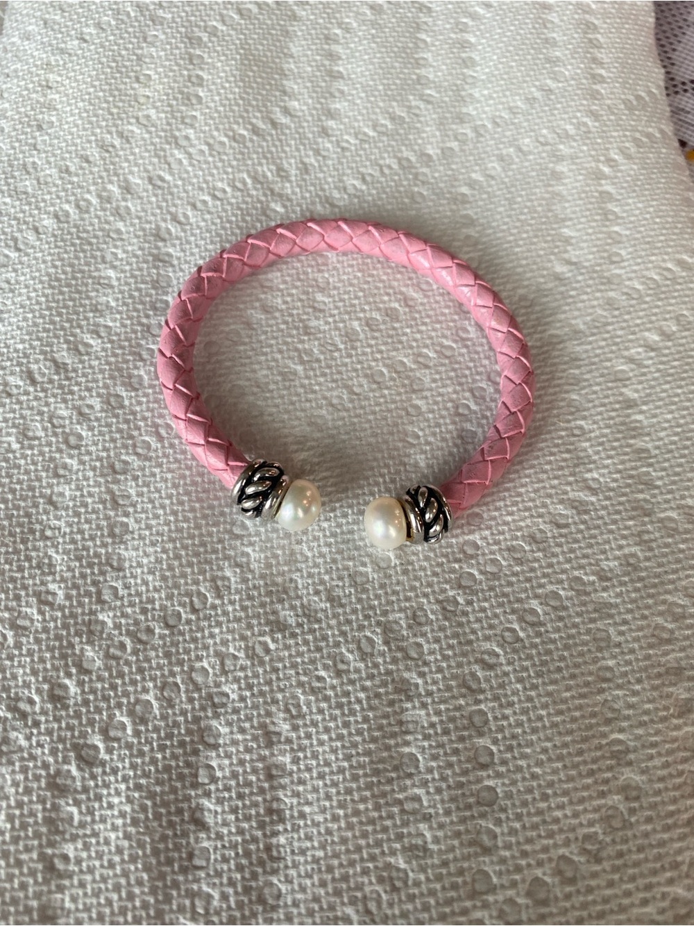 Pink Braided Leather Cuff Bracelet with Pearl End Caps